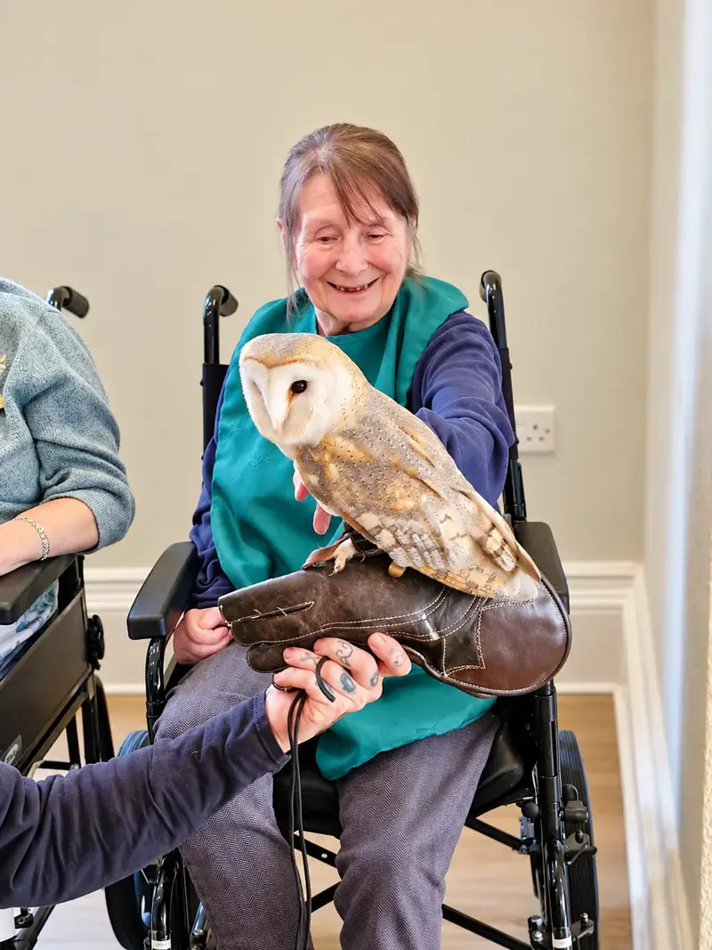 A Springfields resident enjoying a visit from a barn owl